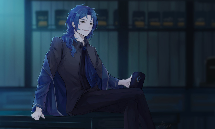 1boy ascot bag black_ascot black_shirt blue_ascot blue_coat blue_hair bookshelf chesed_(project_moon) coat coffee_beans crossed_legs cup desk highres library_of_ruina long_sleeves male_focus medium_hair mug off_shoulder parted_lips project_moon ruiieru shirt smile solo yellow_eyes