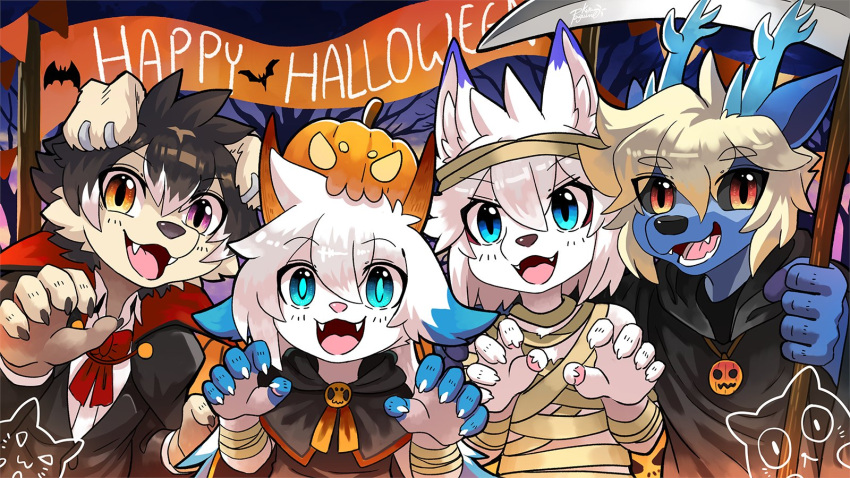 16:9 anthro antlers black_hair blonde_hair blue_antlers blue_body blue_eyes canid cape cheek_tuft clothed clothing dipstick_ears ear_piercing ear_ring facial_tuft fangs fur grey_sclera group hair halloween_costume heterochromia hi_res horn looking_at_viewer male mammal melee_weapon multicolored_ears open_mouth orange_eyes outside penguinexperience piercing pink_tongue plant polearm purple_eyes ring_piercing scythe species_request tan_body tan_fur teeth tongue tree tuft weapon white_body white_fur white_hair widescreen