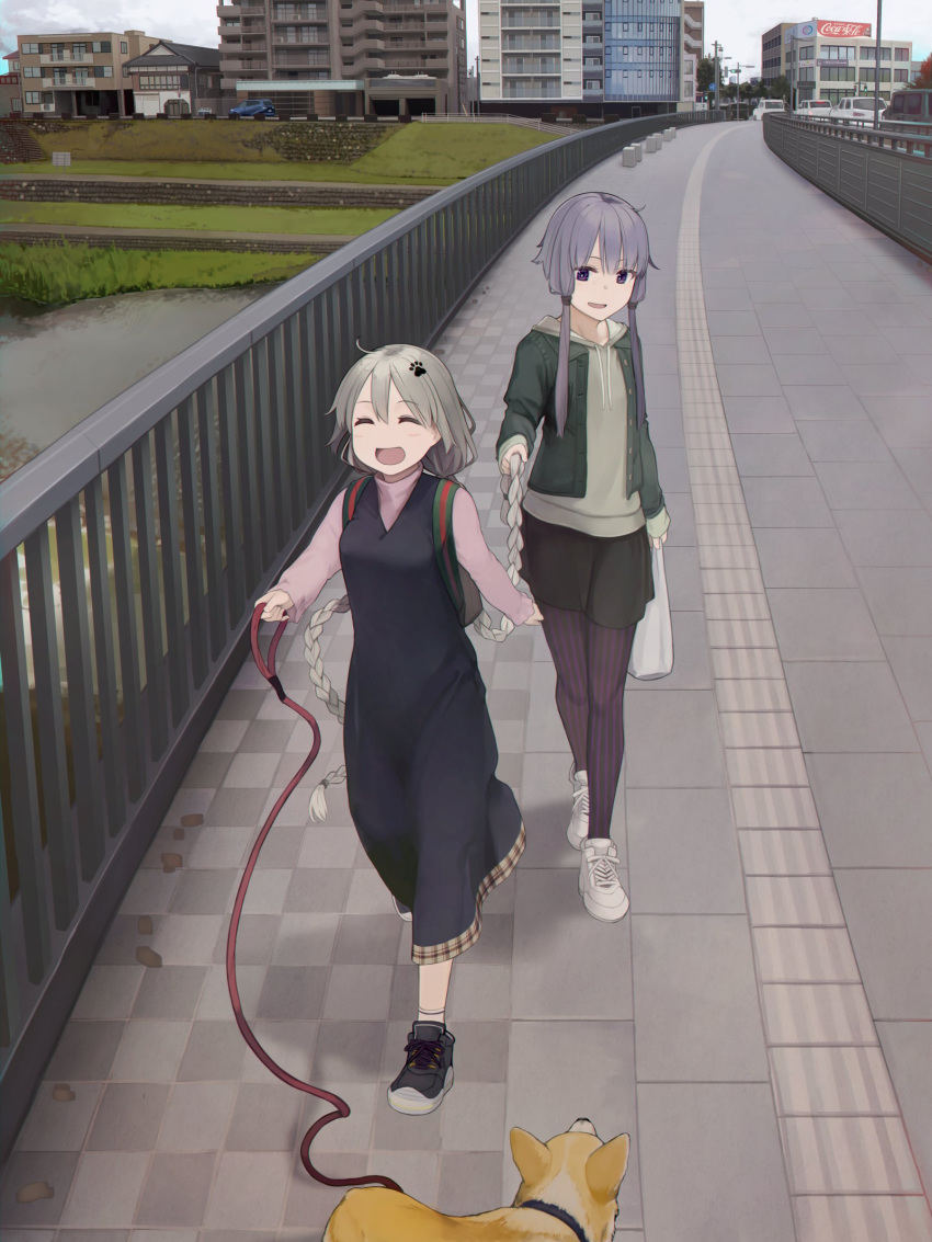 2girls absurdres backpack bag behind_another black_dress black_skirt braid bridge building casual city closed_eyes commentary_request day dog dog_walking dress full_body green_jacket grey_hoodie highres holding holding_another's_hair holding_bag hood hood_down hoodie jacket kizuna_akari kuz light_purple_hair long_hair long_sleeves looking_at_another multiple_girls open_clothes open_jacket open_mouth outdoors pantyhose pink_sweater plastic_bag purple_eyes railing red_pantyhose shoes short_hair_with_long_locks skirt smile sneakers striped striped_pantyhose sweater sweater_under_dress turtleneck turtleneck_sweater twin_braids vertical-striped_pantyhose vertical_stripes very_long_hair vocaloid voiceroid walking welsh_corgi yuzuki_yukari