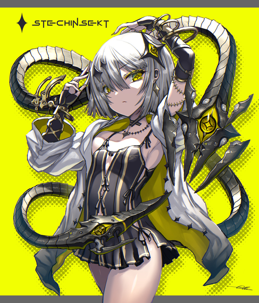 +_+ 1girl arm_up breasts choker dress earrings elbow_gloves fingerless_gloves gia gloves grey_hair hair_between_eyes hair_ornament highres jacket jewelry looking_at_viewer open_clothes open_jacket original short_dress short_hair small_breasts solo symbol-shaped_pupils two-sided_fabric two-sided_jacket yellow_eyes