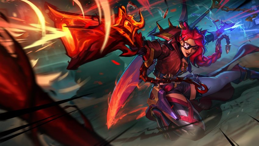 1girl asymmetrical_legwear belt black_gloves black_jacket black_shorts boots braid braided_ponytail chain eyepatch gloves glowing gun hair_horns highres holding holding_gun holding_weapon jacket league_of_legends long_hair looking_at_viewer mismatched_legwear official_art open_clothes open_jacket red_eyes red_hair red_jacket red_lips samira shorts smile soul_fighter_samira thighhighs weapon weapon_on_back