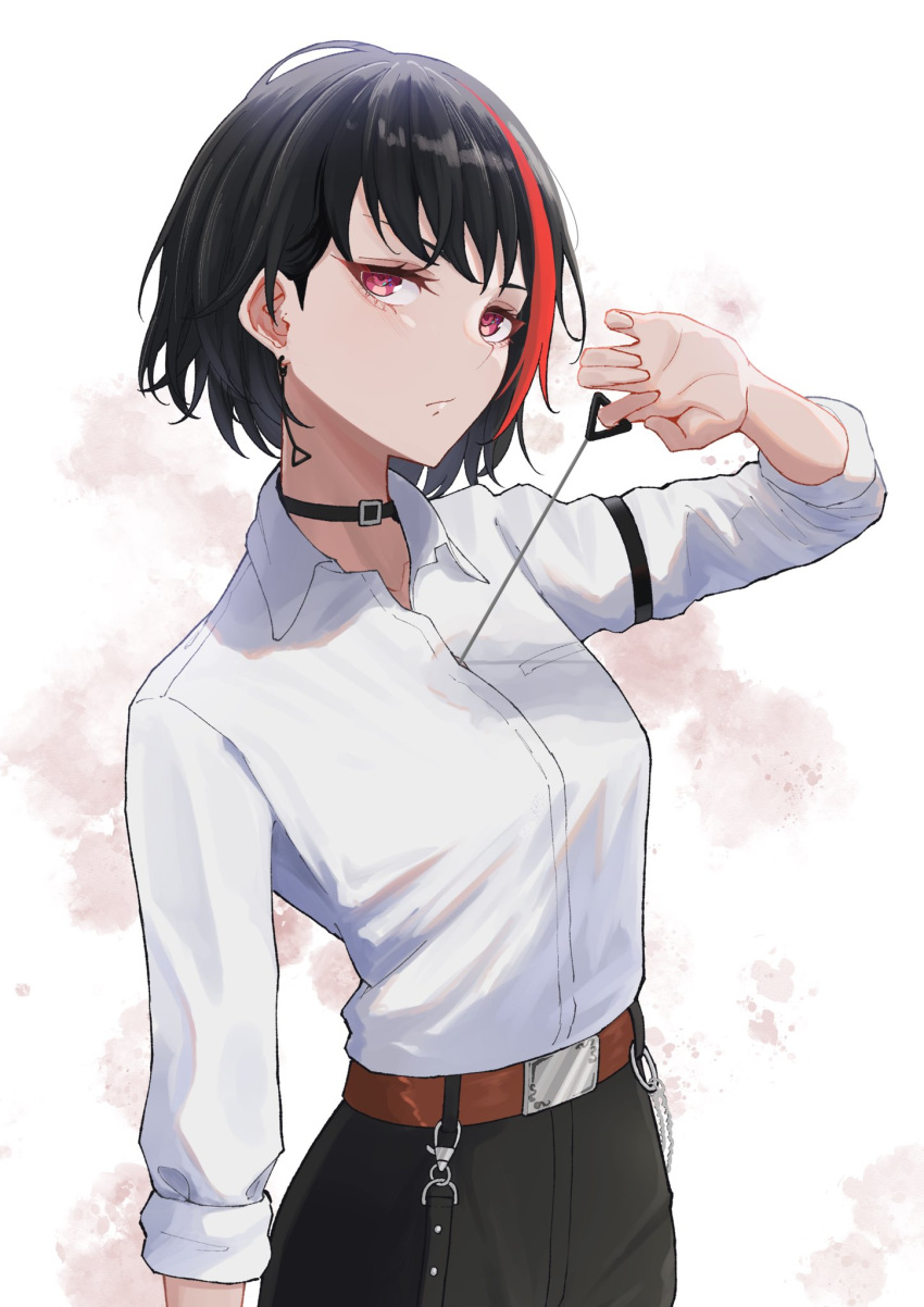 1girl bang_dream! belt black_armband black_choker black_hair brown_belt chainsaw_man choker closed_mouth collared_shirt commentary cowboy_shot denji_(chainsaw_man) dress_shirt earrings hand_up highres jewelry long_sleeves mitake_ran multicolored_hair nishiki_(nishiki4692) open_collar purple_eyes red_hair shirt short_hair sleeves_rolled_up solo streaked_hair white_shirt