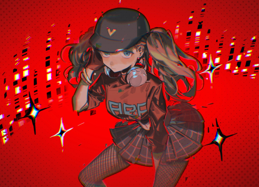 1girl blonde_hair blue_eyes blush bracelet breasts checkered_clothes checkered_skirt closed_mouth crop_top digital_dissolve earrings expressionless fingerless_gloves fishnet_pantyhose fishnets gloves hand_on_own_ear headphones headphones_around_neck highres jewelry long_hair looking_at_viewer pantyhose persona persona_5 persona_5:_dancing_star_night pkunooo pleated_skirt red_gloves red_shirt shirt simple_background skirt solo sparkle takamaki_anne twintails