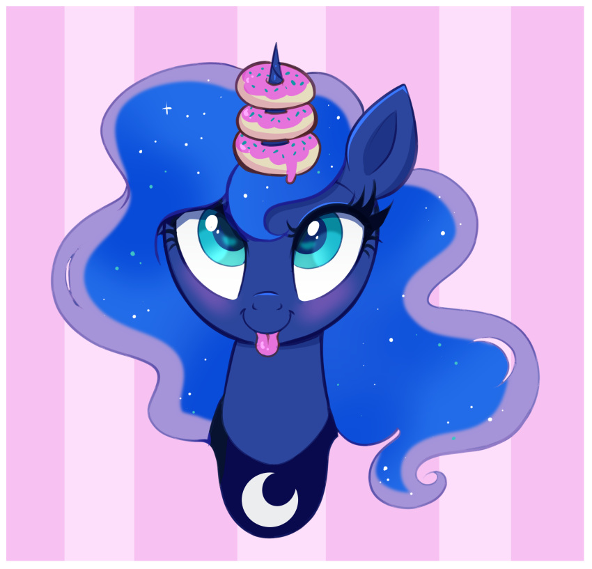 absurd_res blep blue_body blue_eyes blue_fur blue_hair blush confetticakez dessert doughnut equid equine ethereal_hair female food friendship_is_magic fur hair hasbro hi_res horn jewelry mammal my_little_pony necklace portrait princess_luna_(mlp) ravensun sparkles tongue tongue_out unicorn