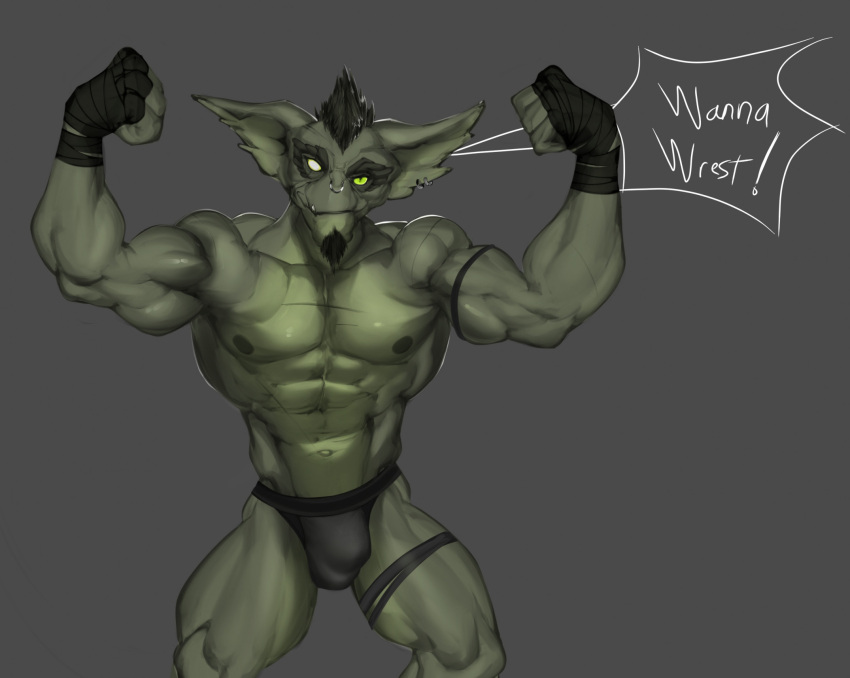 abs clothed clothing dagantfus_(artist) ear_piercing facial_piercing fan_character green_body green_eyes gremlin hi_res humanoid_pointy_ears male muscular muscular_male nipples nose_piercing partially_clothed pecs piercing solo underwear