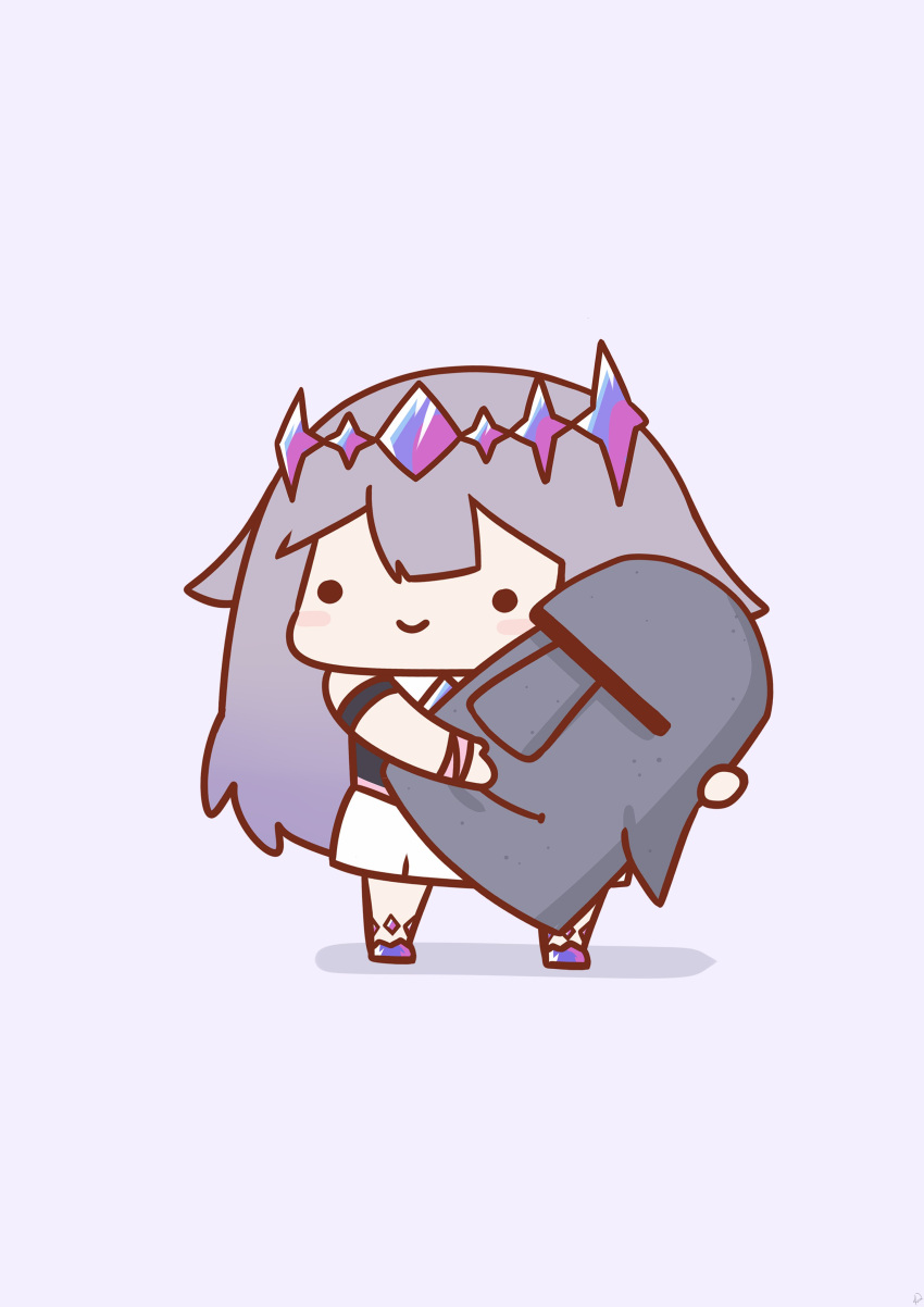 1girl absurdres blush_stickers chest_jewel chibi dress gradient_hair hair_flaps highres hololive hololive_english hugging_object koseki_bijou long_hair moai moai_(koseki_bijou) multicolored_hair phdpigeon purple_hair shadow simple_background smile solid_circle_eyes solo standing tiara white_background