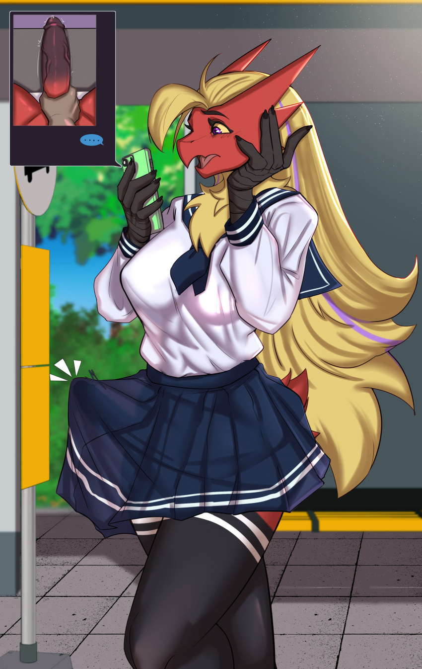 absurd_res anthro blaziken blonde_hair bottomwear breasts clothed clothing erection erection_under_clothing fully_clothed generation_3_pokemon genitals gynomorph hair hi_res intersex nintendo penis pokemon pokemon_(species) purple_eyes rolling_beast school_uniform skirt solo tenting uniform