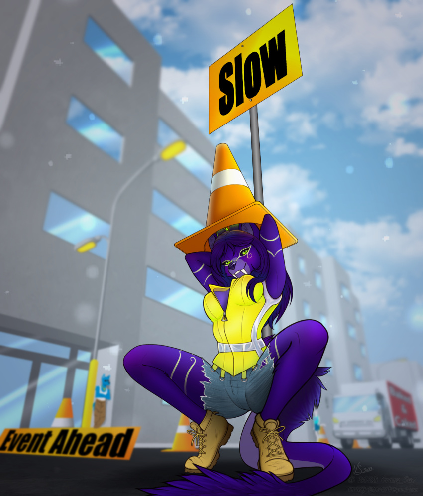 anthro background_character boots bottomwear canid canine canis clothing crazy_sue felid female footwear fur hi_res high-vis iris_grim lime_eyes lycafel mammal purple_body purple_fur saber-toothed_tiger shorts sign solo torn_bottomwear torn_clothing torn_shorts traffic_cone traffic_sign truck_(vehicle) vehicle wolf