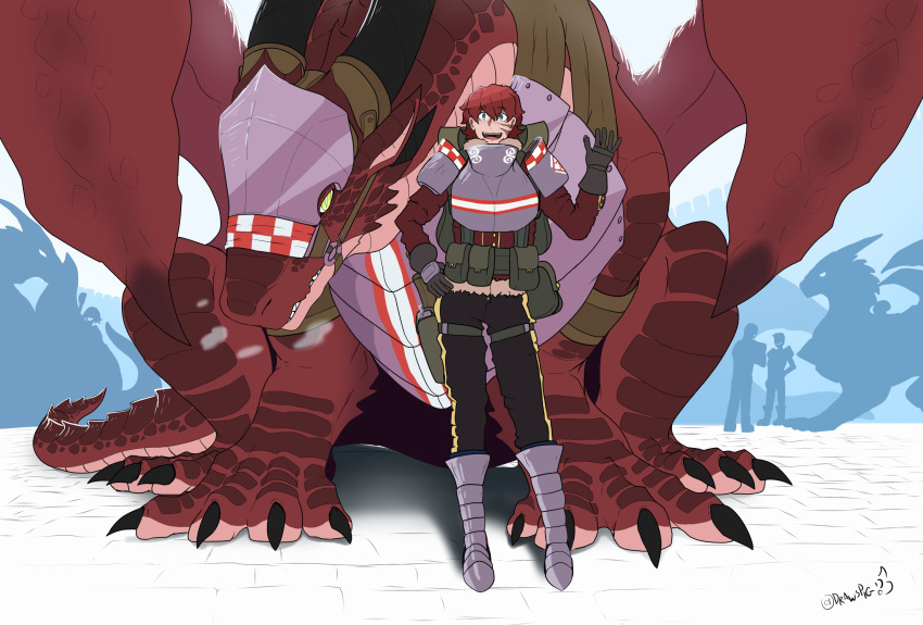 absurd_res ambiguous_gender annette_(tinypigdraws) armor armored_boots background_character biped blue_eyes breath claws clothed clothing dragon duo_focus feral finger_claws fully_clothed gloves green_eyes group hair handwear hi_res horn human long_neck looking_at_viewer mammal membrane_(anatomy) membranous_wings pupils quadruped red_body red_hair red_scales scales scalie scar shadow signature sitting slit_pupils snout standing tinypigdraws toe_claws western_dragon william_(tinypigdraws) wing_claws wings