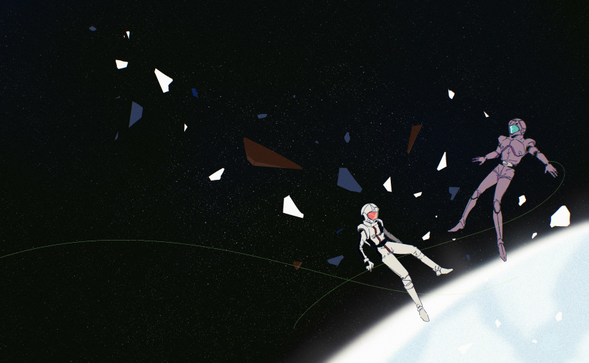 2boys absurdres amuro_ray char's_counterattack char_aznable chromatic_aberration commentary film_grain floating full_body glowing gundam highres male_focus multiple_boys oriazhez planet shards space space_helmet spacesuit star_(sky) wide_shot zero_gravity