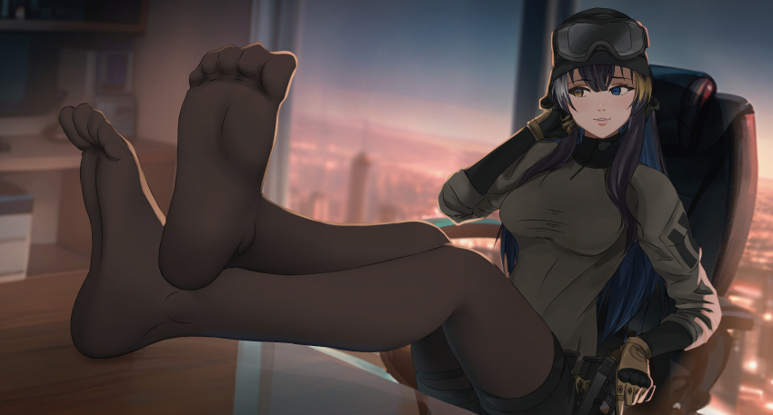 absurdres alina_svard_kovalenko_(laotianaviator) black_shorts cityscape dgkamikaze feet gloves goggles gun handgun highres multicolored_hair original pantyhose shorts weapon