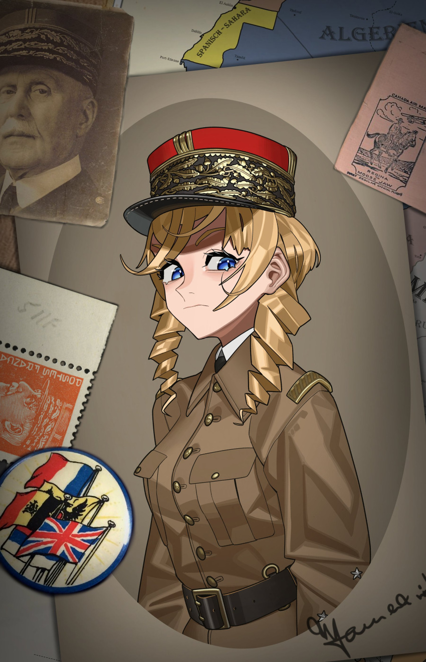 1girl :/ absurdres africa belgian_flag belt blonde_hair blue_eyes brown_jacket collared_shirt drill_hair facial_hair french_army french_flag hat hearts_of_iron highres holy_roman_empire jacket kaiserreich kepi map military_hat mustache original philippe_petain photo_(object) postage_stamp pzkpfwi real_life sepia shirt union_jack v-shaped_eyebrows white_shirt