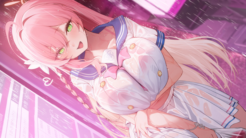 1girl ahoge arm_under_breasts between_breasts blue_archive blue_sailor_collar blush bow braid breasts collarbone green_eyes hair_bow hair_intakes hanako_(blue_archive) highres huge_breasts long_hair looking_at_viewer open_mouth pink_bow pink_hair pink_theme pleated_skirt rain sailor_collar school_uniform serafuku skirt smile solo white_serafuku white_skirt xiujia_yihuizi