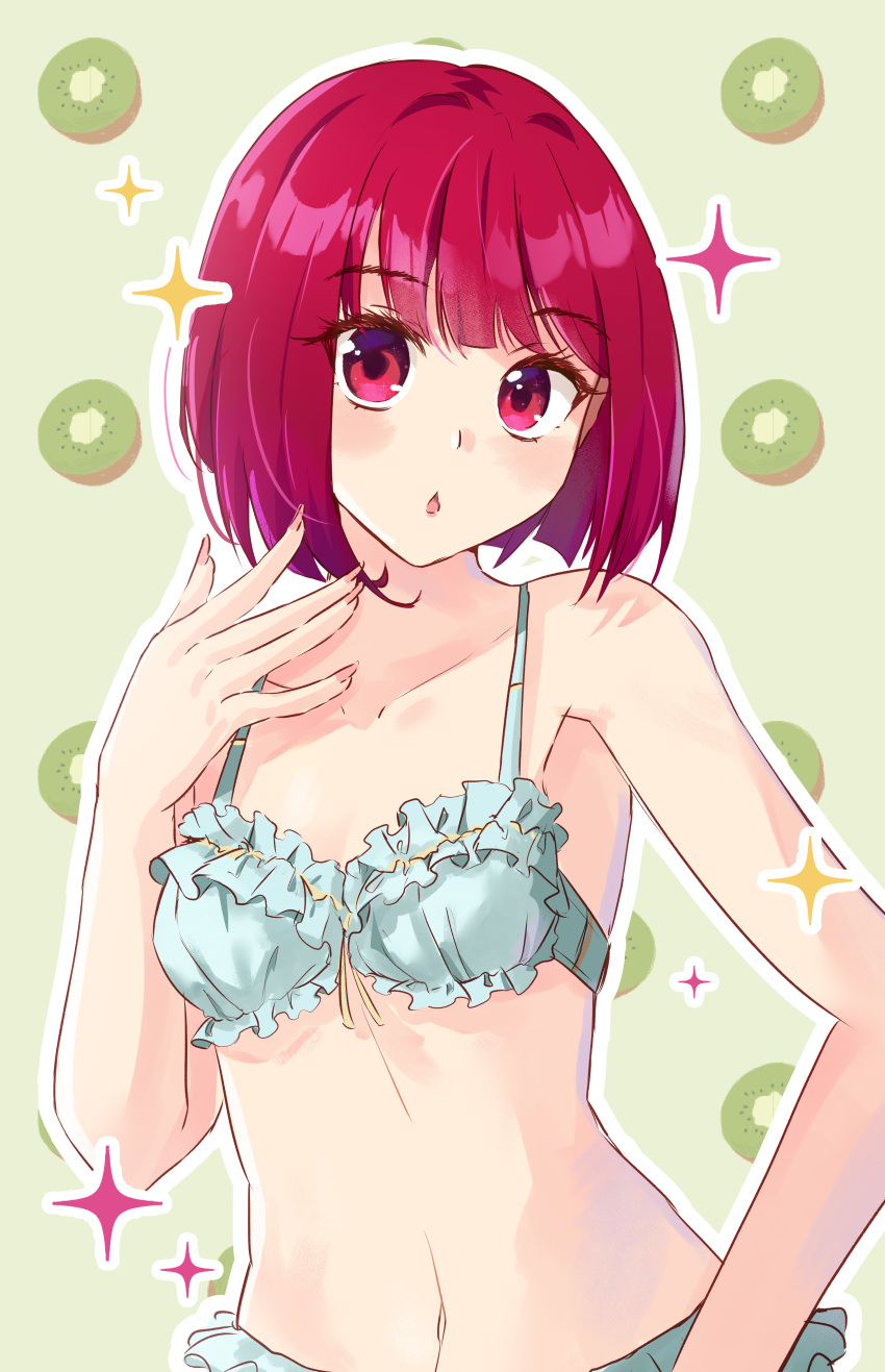 1girl absurdres arima_kana bare_arms bare_shoulders blue_bra blue_panties bra breasts collarbone commentary_request frilled_bra frilled_panties frills green_background highres holmemee looking_at_viewer navel oshi_no_ko outline panties parted_lips red_eyes red_hair short_hair simple_background small_breasts solo sparkle underwear underwear_only white_outline