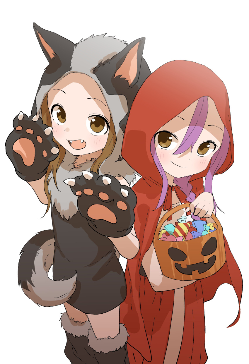 2girls absurdres animal_hands animal_hood black_gloves brown_eyes brown_hair candy closed_mouth commentary_request fake_tail fangs food gloves hair_between_eyes halloween halloween_costume highres hood karakai_jouzu_no_takagi-san long_hair looking_at_viewer multiple_girls open_mouth paw_gloves purple_hair red_hood simple_background smile soredemo_ayumu_wa_yosetekuru tail takagi-san white_background yamamoto_souichirou yaotome_urushi