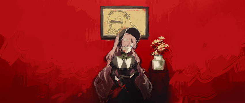1girl absurdres airceeco alternate_costume black_dress black_gloves blood blood_on_clothes blood_on_face blood_stain blue_eyes bonnet censored dress expressionless flower gloves grey_hair hair_over_one_eye highres identity_censor isekai_joucho juliet_sleeves kamitsubaki_studio long_hair long_sleeves looking_to_the_side painting_(object) pale_skin plant potted_plant puffy_sleeves red_background solo very_long_hair virtual_youtuber