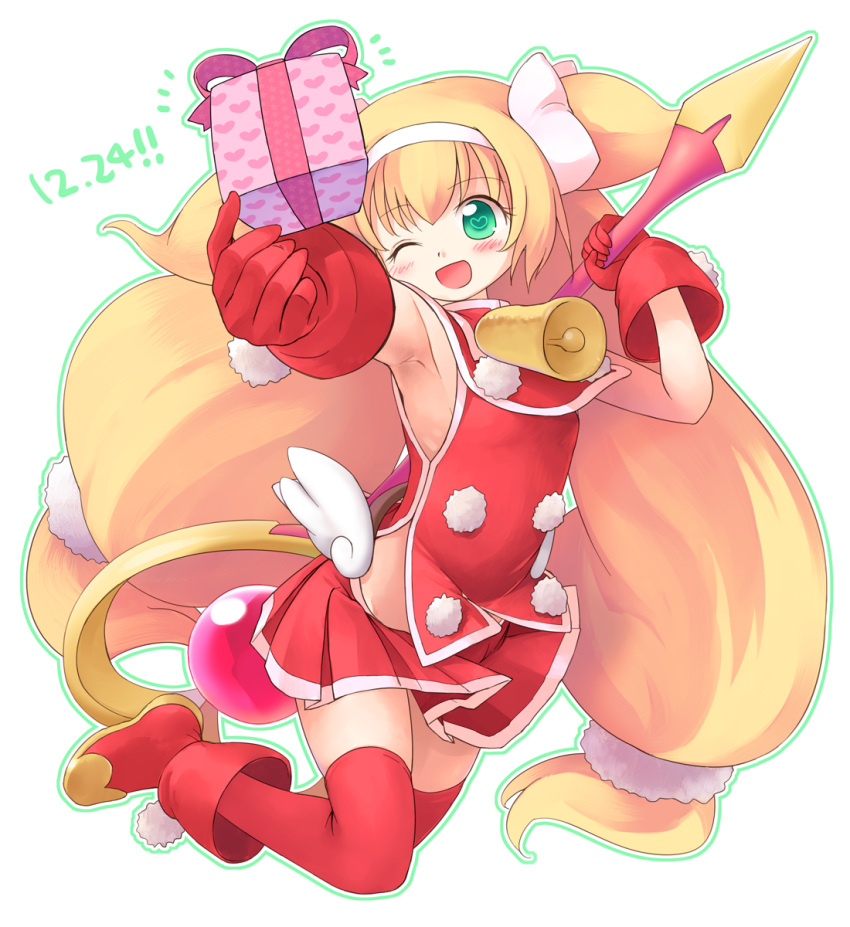 1girl :d bangs bell blazblue blonde_hair blush boots bow christmas commentary_request dated emurin flat_chest full_body gift gloves green_eyes green_outline hair_bow hairband heart heart-shaped_pupils highres long_hair looking_at_viewer low-tied_long_hair miniskirt one_eye_closed open_mouth outline platinum_the_trinity pleated_skirt pom_pom_(clothes) quad_tails red_footwear red_gloves red_skirt red_thighhighs santa_costume simple_background skirt smile solo symbol-shaped_pupils thighhighs very_long_hair white_background white_bow white_hairband
