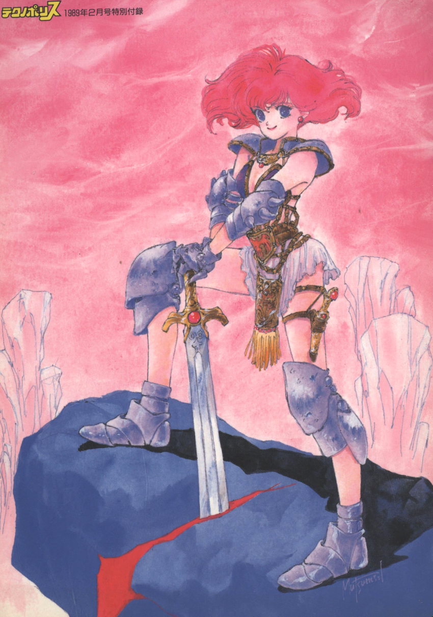 1980s_(style) 1girl armor armored_boots blue_eyes boots dated earrings fantasy full_body gloves highres holding holding_sword holding_weapon inomata_mutsumi jewelry medium_hair miniskirt non-web_source original outdoors planted planted_sword red_hair red_sky retro_artstyle scan shoulder_armor skirt sky smile solo standing sword technopolis weapon