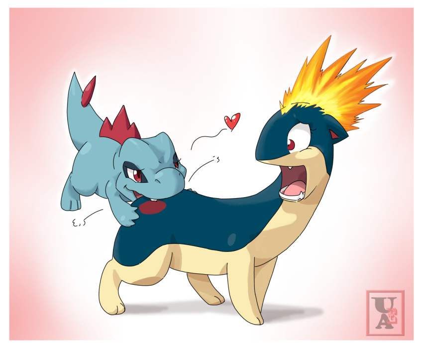 &lt;3 ambiguous_gender butt_bite digital_media_(artwork) duo fire game_freak generation_2_pokemon nintendo open_mouth pain pequedark-velvet pokemon pokemon_(species) quadruped quilava tail totodile