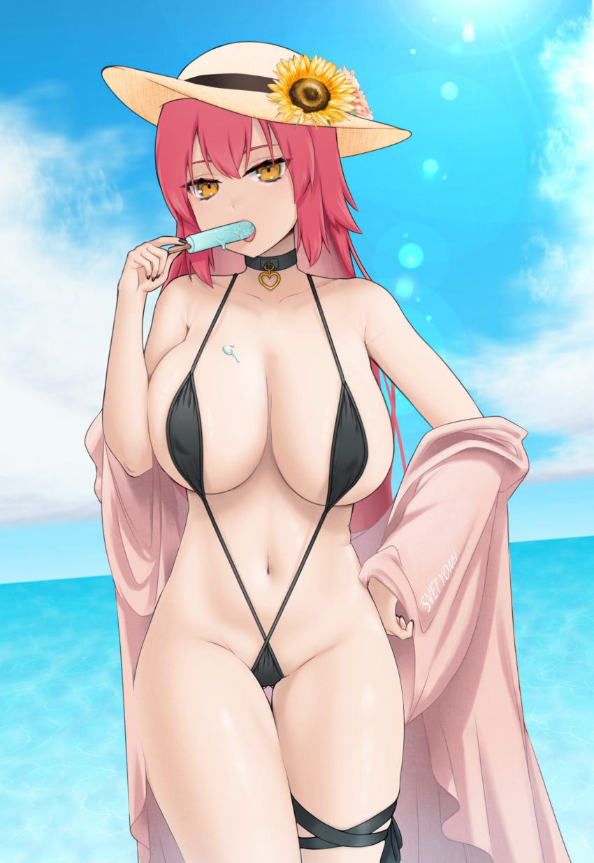 1girl absurdres black_choker black_slingshot_swimsuit breasts choker cloud dripping flower food food_on_body food_on_breasts hand_on_own_hip highres horizon lens_flare long_hair navel ocean original pink_robe popsicle red_hair robe sexually_suggestive sky slingshot_swimsuit sorath_(svet_yomi) sunflower svet_yomi swimsuit thigh_strap very_long_hair yellow_eyes