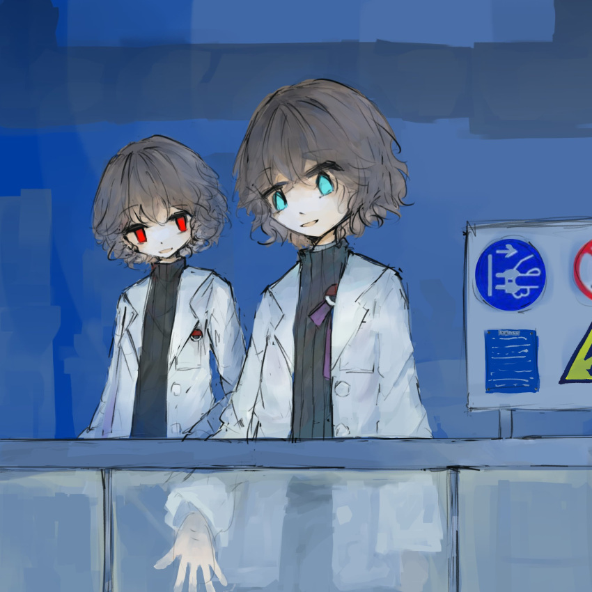 2others alternate_costume androgynous black_shirt blue_background blue_eyes bow brown_hair buttons chinese_commentary coat coattails commentary_request dual_persona eye_of_senri highres indoors kuzu_suzumi lab_coat laboratory len'en long_sleeves looking_ahead looking_at_another multiple_others open_mouth other_focus outstretched_hand ph_keiku pocket purple_bow red_eyes shirt short_hair sign smile turtleneck warning_sign white_coat window