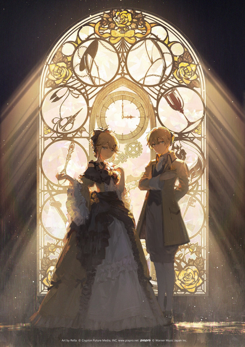 1boy 1girl aku_no_meshitsukai_(vocaloid) aku_no_musume_(vocaloid) allen_avadonia ascot backlighting bare_shoulders black_bow black_ribbon blazer blonde_hair bow brother_and_sister buckle choker clock clockworker's_doll collared_dress colored_eyelashes detached_collar dress dress_bow dress_flower evillious_nendaiki flower four_mirrors_of_lucifenia frilled_choker frilled_dress frilled_sleeves frills gears glass_of_conchita grey_shorts grim_the_end hair_bow hair_ornament hair_ribbon hairclip half-closed_eyes hand_on_own_chest high_collar high_ponytail highres jacket kagamine_len kagamine_rin light_particles looking_at_viewer marlon_spoon miku_symphony_(vocaloid) narrow_waist off-shoulder_dress off_shoulder official_art open_clothes open_jacket parted_lips petticoat piapro rella ribbon riliane_lucifen_d'autriche rose shoes short_ponytail shorts siblings sideways_glance smile socks stained_glass swept_bangs twin_blades_of_levianta twins two-tone_dress updo venom_sword vessel_of_sin vocaloid white_socks wide_sleeves window yellow_dress yellow_flower yellow_jacket yellow_rose