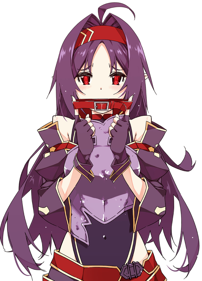 1girl ahoge armor bare_shoulders belt blush breastplate collar collar_removed covered_navel cowboy_shot detached_sleeves hairband highres holding holding_collar juliet_sleeves leotard long_hair long_sleeves pointy_ears puffy_sleeves purple_hair purple_leotard red_belt red_collar red_eyes red_hairband shikei simple_background solo sword_art_online white_background yuuki_(sao)