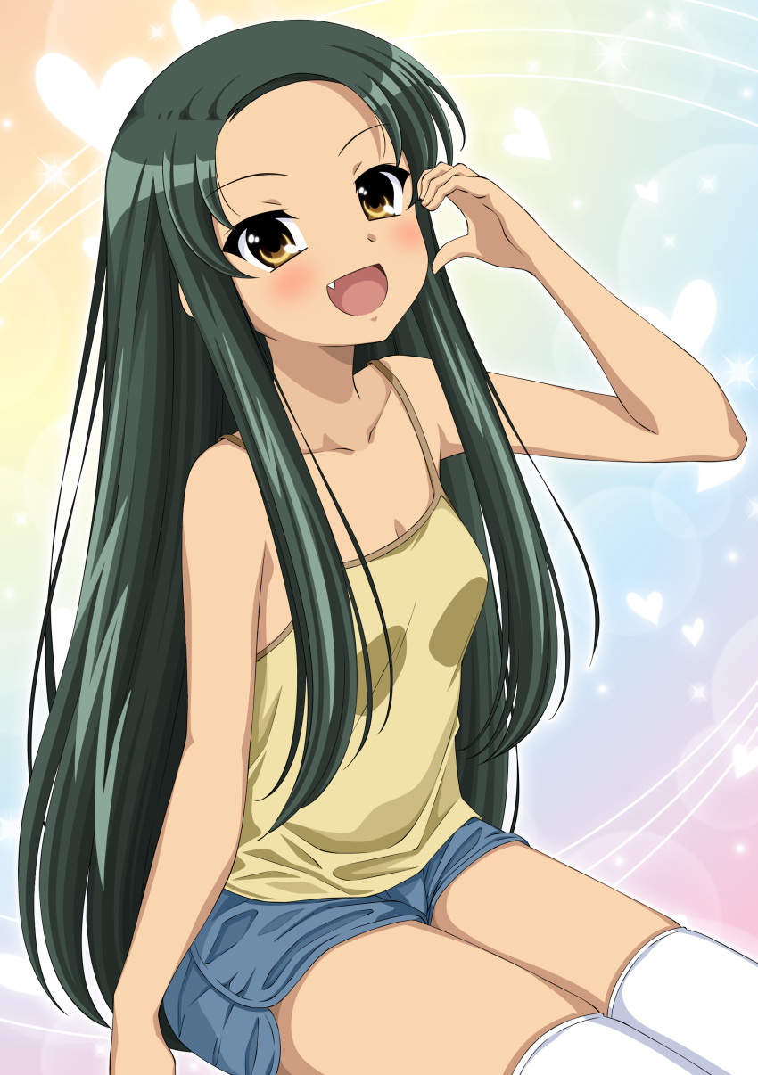 1girl :d absurdres blue_shorts breasts camisole collarbone commentary english_commentary fang forehead green_hair gurobeya hand_up highres long_hair looking_at_viewer mixed-language_commentary open_mouth short_shorts shorts sleeveless small_breasts smile solo suzumiya_haruhi_no_yuuutsu thighhighs tsuruya very_long_hair white_thighhighs yellow_camisole yellow_eyes