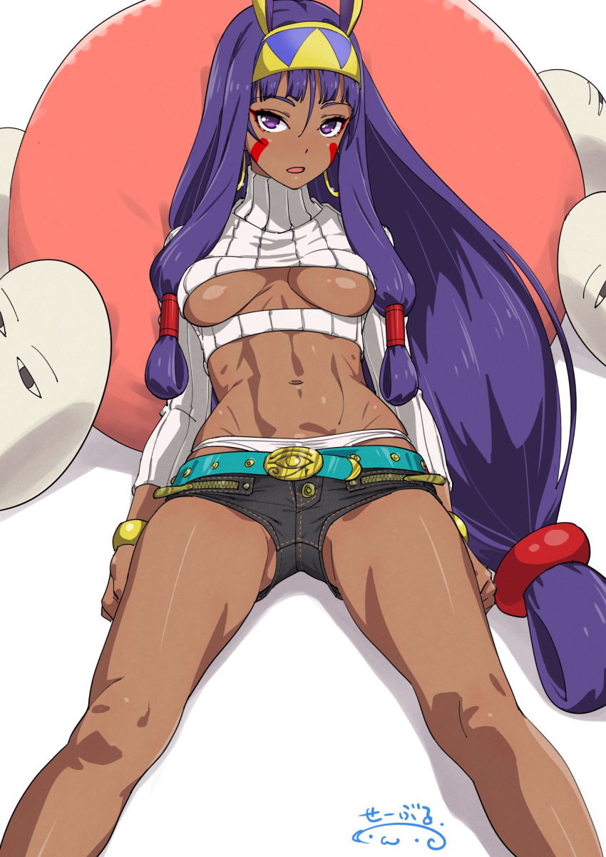 1girl abs blush breasts breasts_apart crop_top dark-skinned_female dark_skin earrings egyptian facial_mark fate/grand_order fate_(series) hairband highres hoop_earrings jewelry long_hair looking_at_viewer medium_breasts medjed_(fate) meme_attire midriff navel nitocris_(fate) no_bra open-chest_sweater open_mouth panties purple_eyes purple_hair short_shorts shorts signature solo suna_(sandworks) sweater toned underboob underwear very_long_hair white_panties