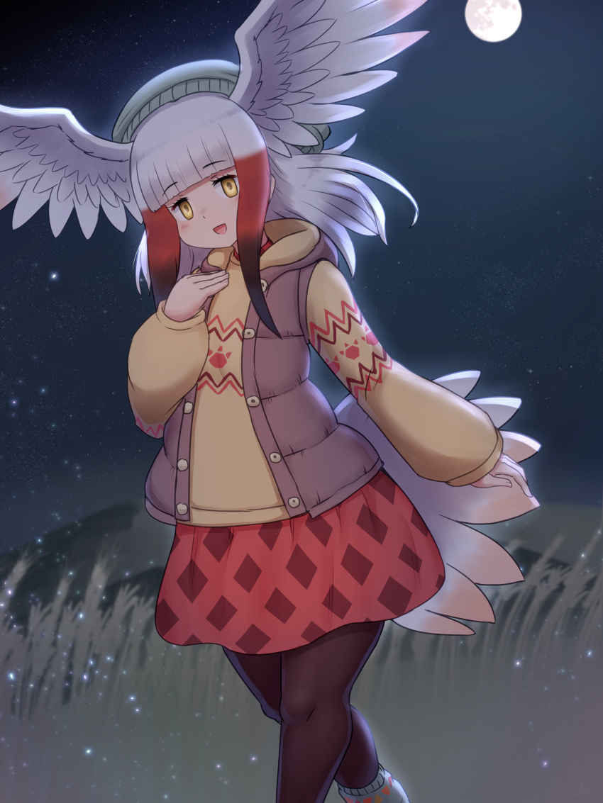 1girl :d absurdres arm_at_side backlighting baggy_clothes beanie bird_girl bird_tail bird_wings blunt_bangs brown_best brown_pantyhose buttons commentary_request empty_eyes feet_out_of_frame full_moon hand_up hat head_wings highres hood hood_down hooded_vest hoodie japanese_crested_ibis_(kemono_friends) kemono_friends long_hair long_sleeves looking_at_viewer miniskirt mo23 moon multicolored_hair night night_sky open_clothes open_mouth open_vest outdoors pantyhose red_hair red_skirt skirt sky sleeves_past_wrists smile solo spread_wings star_(sky) starry_sky tail unbuttoned vest wading walking white_hair wings yellow_eyes yellow_hoodie