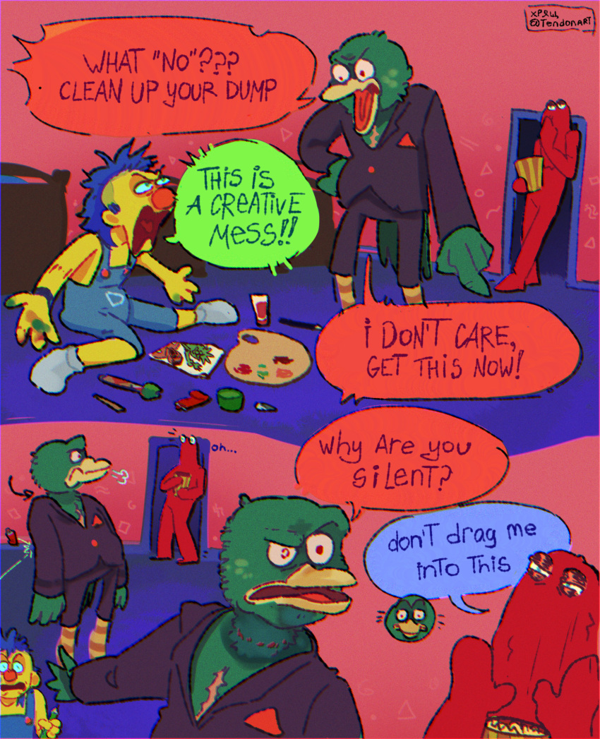 ambiguous_gender anthro argument avian beak bird bottomwear clothing comic detailed_background dialogue don't_hug_me_i'm_scared duck_guy_(dhmis) feathers green_body green_feathers group hi_res human humanoid inside mammal overalls paint paper red_body red_guy_(dhmis) scar shorts sitting speech_bubble suit_jacket tendonart trio yellow_body yellow_guy_(dhmis) yellow_skin