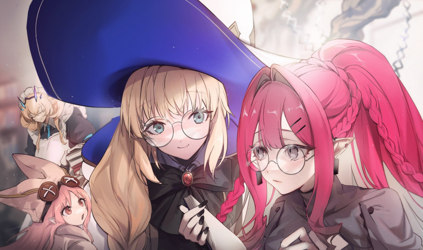 4girls apron baobhan_sith_(fate) barghest_(second_ascension)_(fate) black_nails black_ribbon blonde_hair blush book braid earrings fate/grand_order fate_(series) goggles goggles_on_head green_eyes grey_eyes habetrot_(fate) hat highres holding holding_book jewelry long_hair looking_back maid maid_apron multiple_girls no-kan pink_eyes pink_hair ponytail red_hair ribbon round_eyewear smile tonelico_(fate) witch_hat