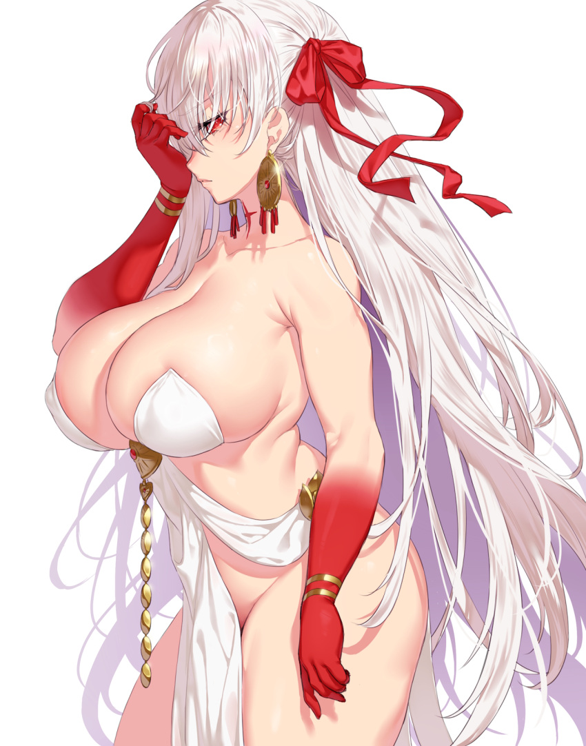 1girl bare_shoulders belly_chain blush body_markings bracelet breasts cleavage collarbone colored_skin durga_(fate) earrings facial_mark fate/grand_order fate_(series) gradient_skin hair_ribbon highres huge_breasts jewelry long_hair looking_at_viewer onsoku_inu pelvic_curtain red_eyes red_skin revealing_clothes ribbon sash simple_background solo thick_thighs thighs variant_set very_long_hair white_background white_hair