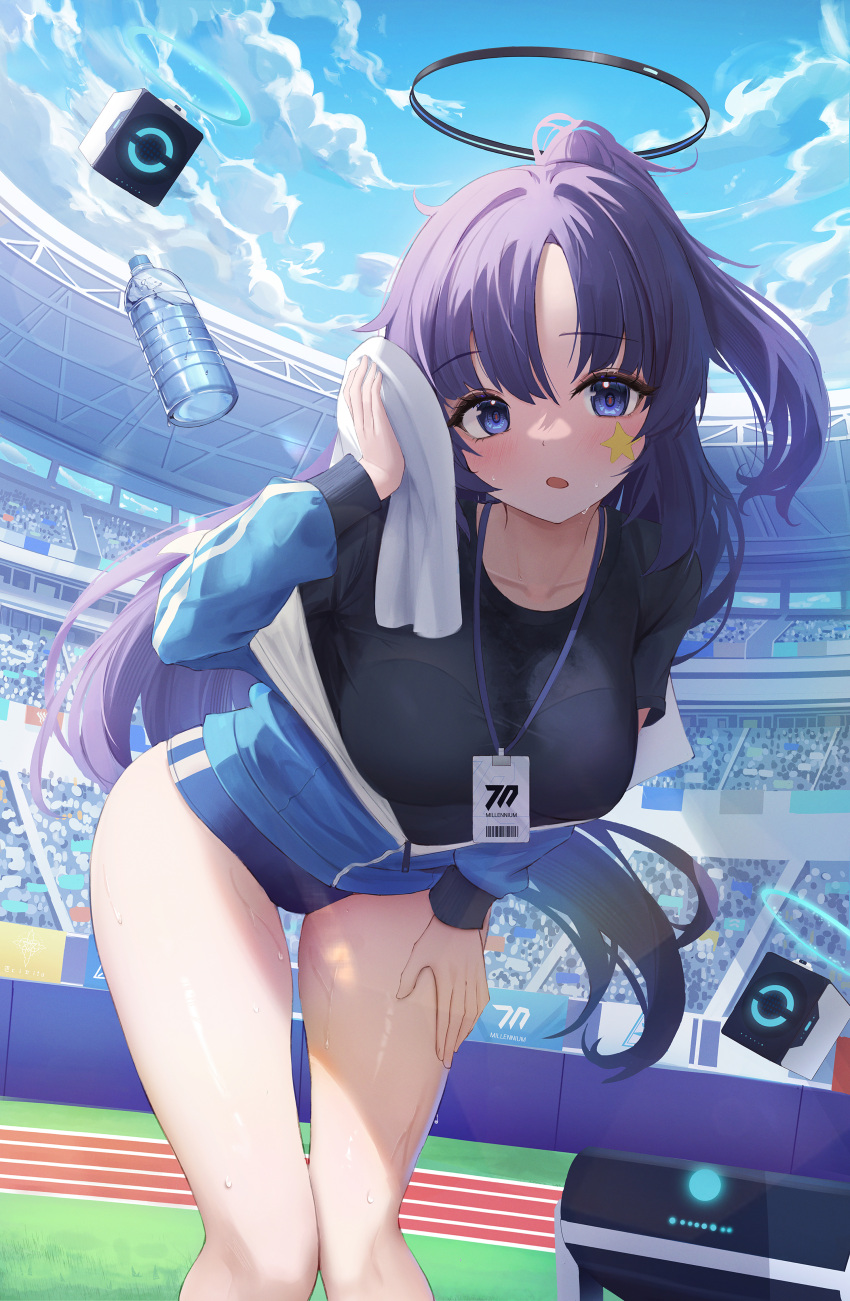 1girl absurdres bent_over black_shirt blue_archive blue_buruma blue_eyes blue_jacket bottle bralines breasts buruma day drone feet_out_of_frame half_updo halo hand_on_own_thigh hand_up handkerchief highres holding hwa_sawa id_card jacket large_breasts long_hair long_sleeves looking_at_viewer off_shoulder official_alternate_costume open_mouth outdoors purple_hair shirt short_sleeves solo standing sweat thighs very_long_hair water_bottle yuuka_(blue_archive) yuuka_(track)_(blue_archive)