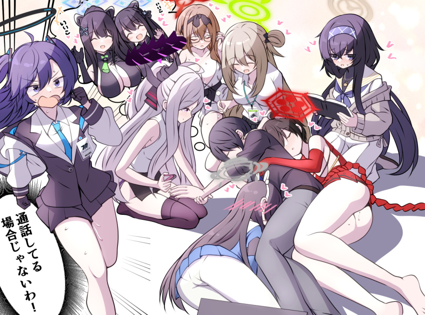 1boy 6+girls :d ^_^ ahoge animal_ears ass bath_yukata belt black_gloves black_hair black_skirt blazer blue_archive blue_necktie blush book breasts brown_hair china_dress chinatsu_(blue_archive) chinatsu_(hot_spring)_(blue_archive) chinese_clothes cleavage closed_eyes collarbone collared_shirt commentary_request demon_girl demon_horns dress elbow_gloves fake_animal_ears glasses gloves hair_between_eyes hair_bun hair_ribbon hairband halo heart highres hina_(blue_archive) holding holding_book horns hug hug_from_behind jacket japanese_clothes jewelry kimono long_hair long_sleeves looking_at_another low_twintails lying miyu_(blue_archive) multiple_girls necklace necktie nervous_sweating nonomi_(blue_archive) official_alternate_costume on_side pantyhose parted_bangs pencil_skirt pendant pleated_skirt pointy_ears ponytail purple_eyes purple_hair rabbit_ears raccoon_ears raccoon_girl reading ribbed_sweater ribbon rope running school_uniform seiza serafuku shimenawa shirt short_hair shun_(blue_archive) shun_(small)_(blue_archive) side_slit sidelocks simple_background single_side_bun sitting skirt sleeping sleeveless smile sweat sweater tapir_ears tapir_girl thought_bubble tonomiya68 translation_request triangle_hair_ornament tsubaki_(blue_archive) turtleneck turtleneck_sweater twintails two_side_up ui_(blue_archive) waving wavy_hair white_hair white_pantyhose wind yukata yuuka_(blue_archive)