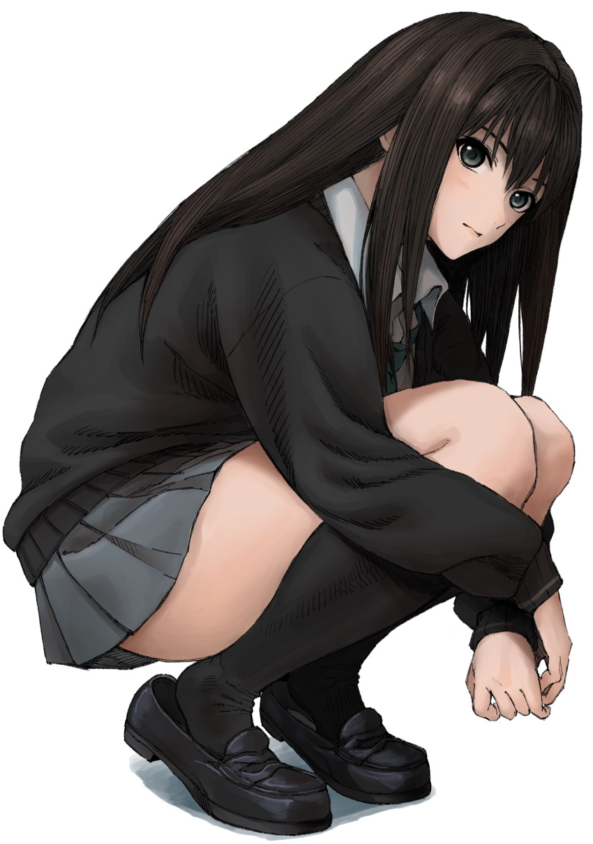 1girl absurdres batcheam816 black_cardigan black_footwear black_hair black_socks blush cardigan grey_skirt highres idolmaster idolmaster_cinderella_girls kneehighs light_smile looking_at_viewer looking_to_the_side pleated_skirt school_uniform shibuya_rin simple_background skirt socks solo squatting straight_hair tiptoes white_background