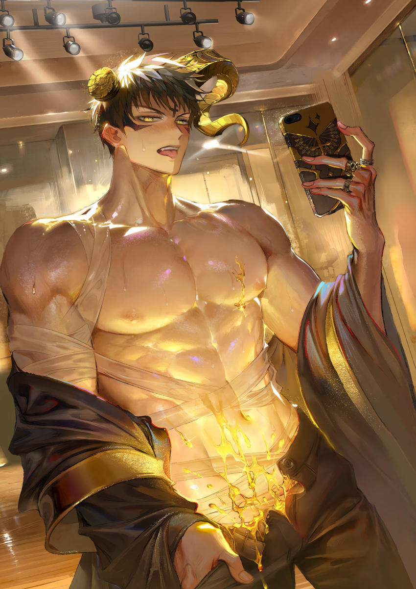 1boy abs bandages bare_pectorals blurry blurry_background broken_horn collarbone cross demon_horns facial_mark glowing gold hand_in_pocket highres holding holding_phone horns jacket japanese_clothes jewelry kimono large_pectorals liquid_gold looking_at_viewer mammon_(what_in_hell_is_bad) mirror navel open_clothes open_fly open_jacket pectoral_cleavage pectorals phone prettybusy_kr ring selfie short_hair spotlight tongue tongue_out topless_male what_in_hell_is_bad yellow_eyes yukata