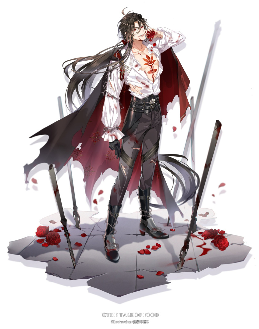 1boy :d ahoge alternate_costume artist_name belt black_belt black_cape black_footwear black_gloves black_hair black_pants blood blood_from_mouth blood_on_clothes blood_on_hands boots cape chest_tattoo copyright_name cracked_floor curtained_hair cuts earrings falling_petals fangs flower frilled_sleeves frills full_body gem gloves gloves_removed hair_between_eyes hair_ribbon high_heel_boots high_heels highres holding holding_clothes holding_flower holding_gloves injury jewelry lianhua_blood_duck_(the_tale_of_food) light_particles lingcat long_hair long_sleeves looking_at_viewer low_ponytail male_focus medal official_art pants partially_unbuttoned patterned_clothing petals planted planted_spear polearm red_cape red_eyes red_flower red_gemstone red_ribbon red_rose ribbon rose shirt simple_background single_glove smile solo spear standing tattoo teeth the_tale_of_food thorns tile_floor tiles torn_cape torn_clothes torn_pants torn_shirt two-sided_cape two-sided_fabric v-shaped_eyebrows very_long_hair weapon white_background white_shirt