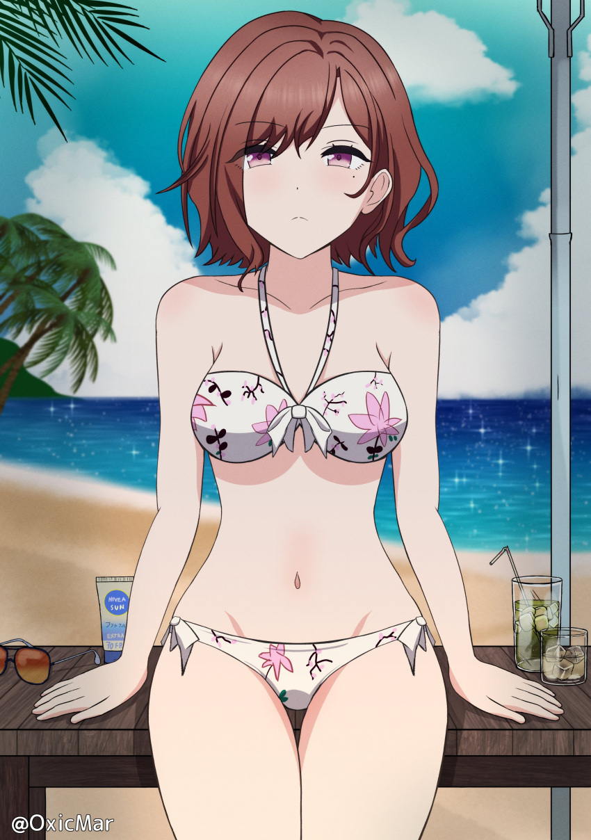 absurdres beach beach_umbrella bikini breasts brown_hair cloud cloudy_sky glass glasses highres higuchi_madoka idolmaster idolmaster_shiny_colors looking_at_viewer lotion navel ocean oxicmar purple_eyes sky sunglasses sunscreen swimsuit table umbrella