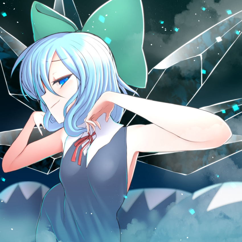 1girl blue_dress blue_eyes blue_hair bow cirno cirno_day closed_mouth dress fairy green_bow hair_bow highres ice ice_wings kuresento short_hair sleeveless sleeveless_dress smug solo touhou upper_body wings