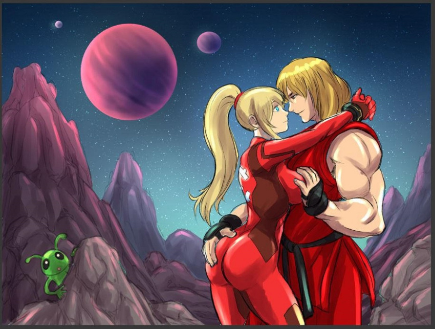1boy 1girl alien ass_grab blonde_hair breast_hold breasts couple grabbing_another's_ass groping holding ken_masters metroid mountain non-web_source planet ponytail samus_aran sky space star_(sky) starry_sky street_fighter super_smash_bros. zero_suit