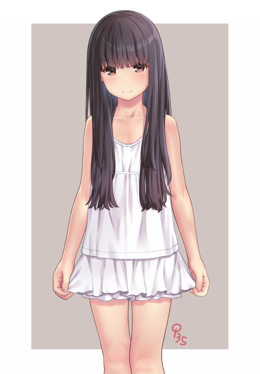 1girl aoi_kumiko brown_eyes brown_hair camisole grey_background highres long_hair looking_at_viewer miniskirt original simple_background skirt skirt_hold skirt_tug sleeveless smile solo thighs white_camisole white_skirt