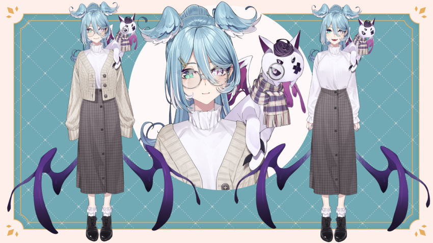 1girl 1other aqua_background blue_eyes blue_hair blue_wings blush border bow bow_earrings brown_cardigan brown_scarf brown_skirt buttons cardigan checkered_clothes checkered_skirt closed_mouth collar earrings elira_pendora eyewear_strap fangs frilled_collar frilled_socks frills full_body glasses hair_between_eyes hair_ornament hairclip head_wings heterochromia high_ponytail highres jewelry kamameshi_gougoumaru long_hair long_skirt long_sleeves looking_at_viewer monocle multicolored_clothes multicolored_hair multicolored_scarf multiple_views nijisanji nijisanji_en official_alternate_costume official_alternate_hairstyle official_art open_mouth purple_eyes purple_scarf round_eyewear scarf second-party_source shirt_tucked_in skirt sleeves_past_fingers sleeves_past_wrists smile socks sweater virtual_youtuber white_border white_hair white_socks white_sweater wings