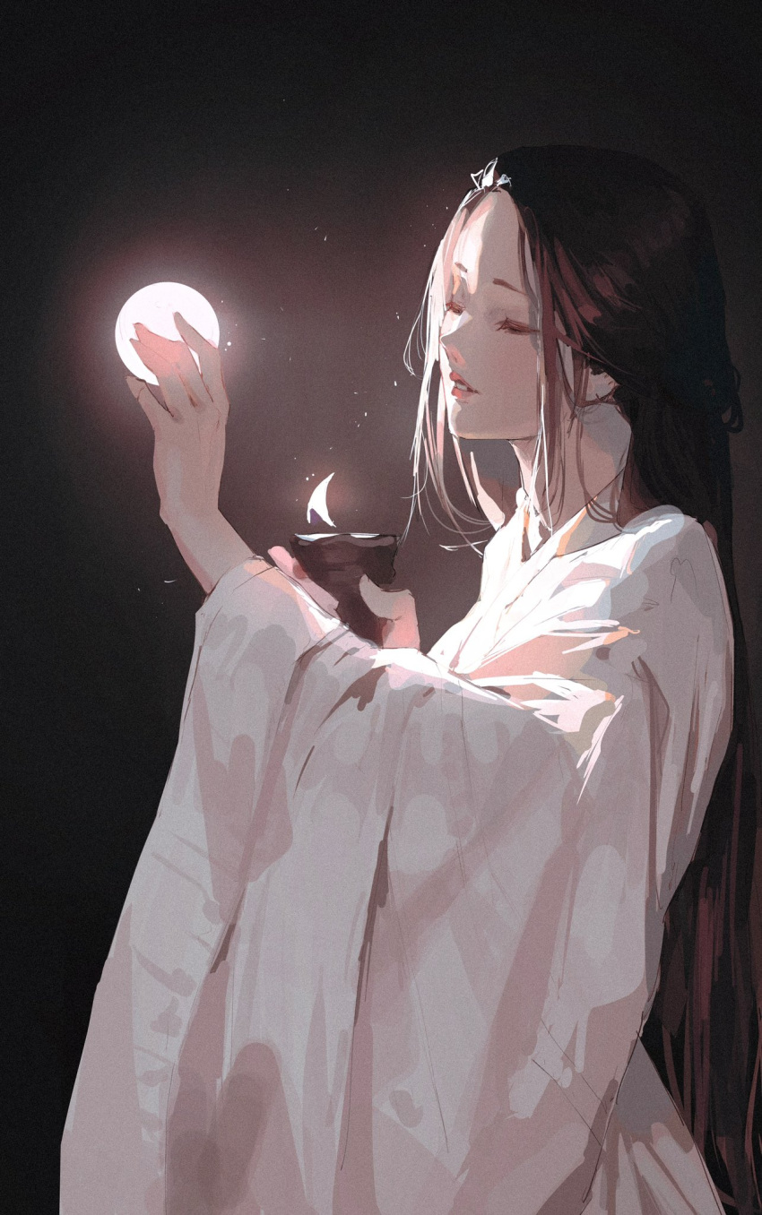 1girl black_hair closed_eyes erospanda glowing highres holding holding_orb japanese_clothes kimono long_hair orb original parted_lips solo white_kimono