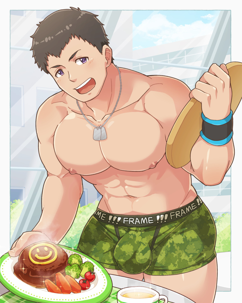 1boy abs aopanda bara blush bulge cup food green_male_underwear highres holding holding_plate idolmaster idolmaster_side-m jewelry large_pectorals male_focus male_underwear muscular muscular_male navel necklace nipples open_mouth pectorals plate purple_eyes shingen_seiji smile solo underwear wristband