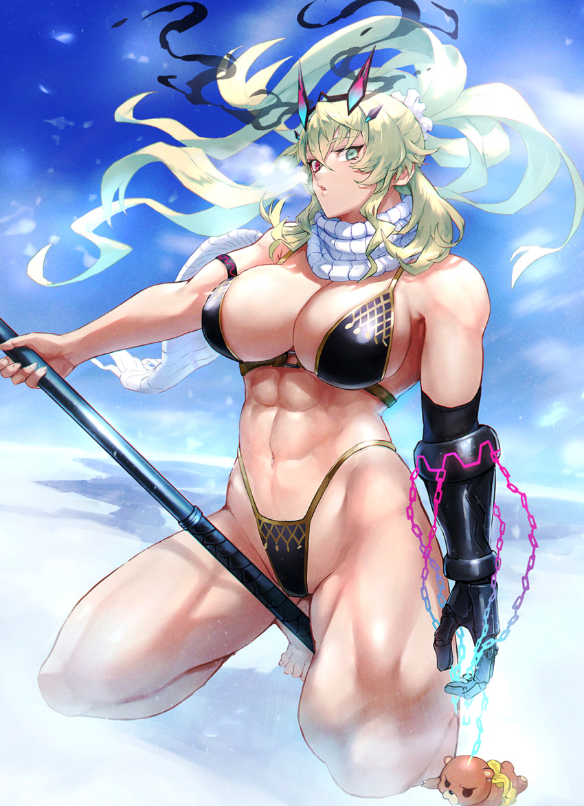 1girl bare_shoulders blonde_hair breasts cleavage fairy_knight_gawain_(fate) fairy_knight_gawain_(ice_warrior)_(fate) fate/grand_order fate_(series) green_eyes heterochromia highres horns large_breasts long_hair looking_at_viewer orion_(bear)_(fate) otsukemono red_eyes revealing_clothes solo thighs