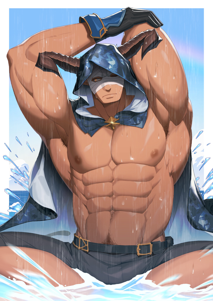 1boy abs absurdres armpits bandaged_head bandages bara belt black_belt black_gloves black_male_swimwear blue_cape cape closed_mouth draph gloves granblue_fantasy highres horns large_pectorals male_focus male_swimwear muscular muscular_male navel nipples official_alternate_costume one_eye_closed pectorals solo splashing topless_male vaseraga vaseraga_(summer)_(granblue_fantasy) water zhuganchangjiadan