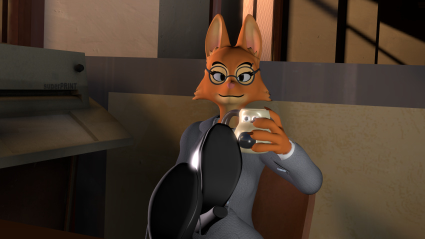 16:9 2023 3d_(artwork) anthro black_high_heels canid canine clothed clothing diane_foxington diane_foxington_(furromantic) digital_media_(artwork) dreamworks eyewear female footwear fox fur glasses grabbing_object grey_clothing grey_eyewear grey_glasses grey_suit gromit_mug hi_res high_heels looking_at_viewer mammal meme mug office orange_body orange_fur portrait printer sitting solo source_filmmaker suit the_bad_guys three-quarter_portrait widescreen wolfnes