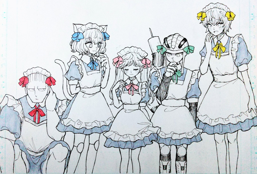 1girl 1other 3boys androgynous animal_ears apron arthropod_boy black_nails blue_bow bow bowtie cat_ears cat_tail closed_eyes green_bow hair_bow hair_slicked_back highres hunter_x_hunter joints juliet_sleeves kisaragi_02468 komugi_(hunter_x_hunter) long_earlobes long_hair long_sleeves looking_at_another maid maid_apron maid_day maid_headdress menthuthuyoupi meruem multiple_boys neferpitou partially_colored pink_bow puffy_sleeves red_bow shaiapouf short_hair sketch smile squatting stinger tail twintails white_background yellow_bow