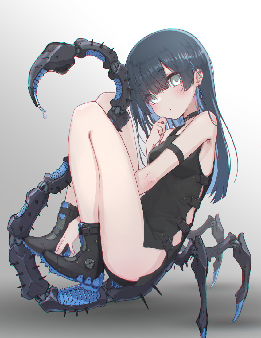 1girl absurdres armpit_crease bare_legs black_camisole black_choker black_footwear black_hair blue_hair boots breasts camisole choker colored_inner_hair earrings full_body gradient_background grey_background grey_eyes highres jewelry knees_up light_blue_hair long_hair looking_at_viewer mecha_musume mechanical_legs mole mole_under_eye multicolored_hair no_pupils oota_youjo original parted_lips sitting small_breasts solo